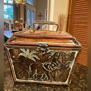 Vintage Hand-Carved Elephant & Palm Tree Wooden Trinket Box